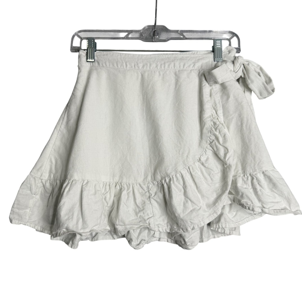 Aerie Wrap Mini Skirt Womens XS White Linen Blend Preppy Ruffle Beach Summer